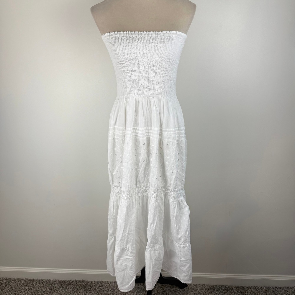 Speed Control White Smocked Strapless Maxi Dress Eyelet Tiered Boho Cotton Sz M